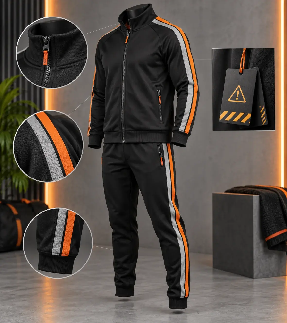 Black custom tracksuit on a mannequin with orange and gray side stripes, close-up views of zipper, taping, cuff details, and product tag.
